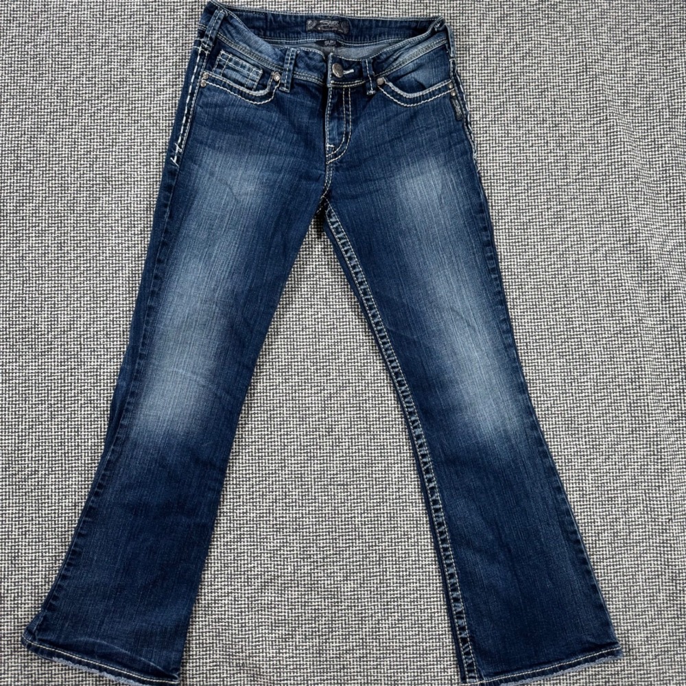 Silver Jeans Co Suki Mid Rise Bootcut Jeans Dark Wash W28 L30 Contrast Stitch